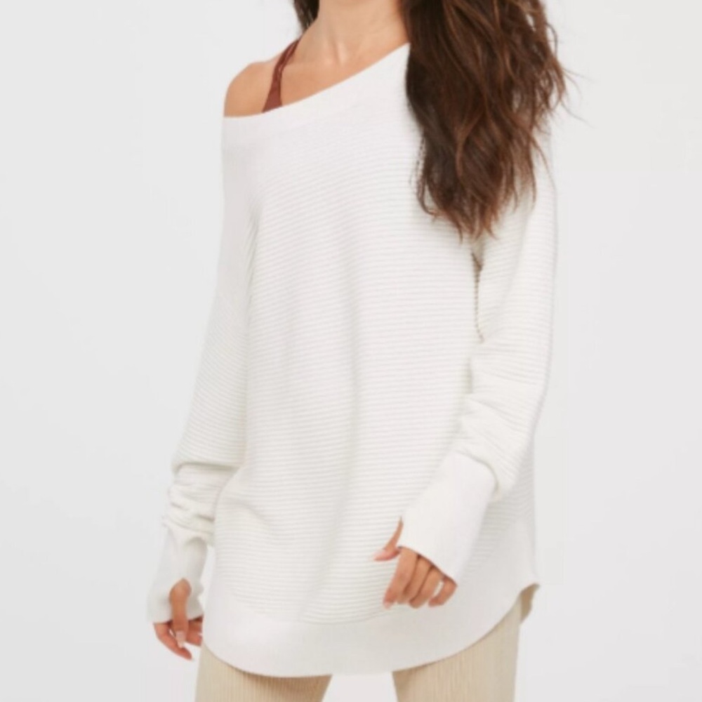 OFFLINE by Aerie Home Stretch Sweater Size Large White Boatneck Off The Shoulder
